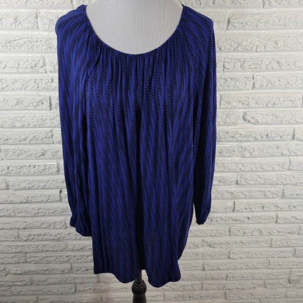 Daisy Fuentes Women's XL Top Tunic Blue Geometric Rayon Long Sleeve GEO235XE